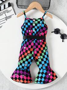 Baby Girl Y2k Streetwear Mosaic Print Spaghetti Strap Flare Jumpsuit With Waist Bag For Summer