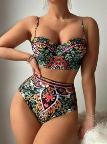 SHEIN Swim 女性熱帶植物印花比基尼套裝,適合度假使用 - 彩色 - 查看 7