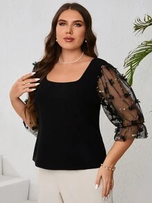 SHEIN Privé Kích thước lớn Của phụ nữ Hoa Vá lại mỏng Áo sơ mi Cho đám cưới Mùa - màu đen - Xem 5