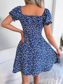 Spring & Summer Casual Ditsy Floral Ruffle Hem Drawstring Waist Dress - 藏蓝色 - 查看 2
