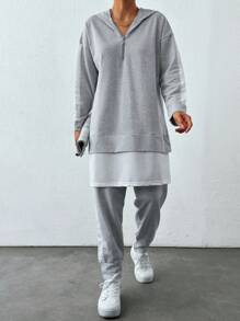 EURMUSE Women's Simple Solid Color Long Sleeve Sweatshirt And Long Pants Set - Light Grey - View 3