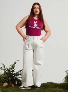 SHEIN Earth Day Fanverse Picks Plus Cartoon And Slogan Graphic Tight Sleeveless Tank Top - Hot Pink - View 6