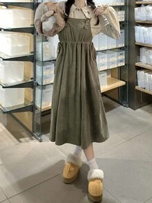 2025 Summer Solid Color Mid-Length Loose Overall Dress, Jumper Dress - Green - View 2