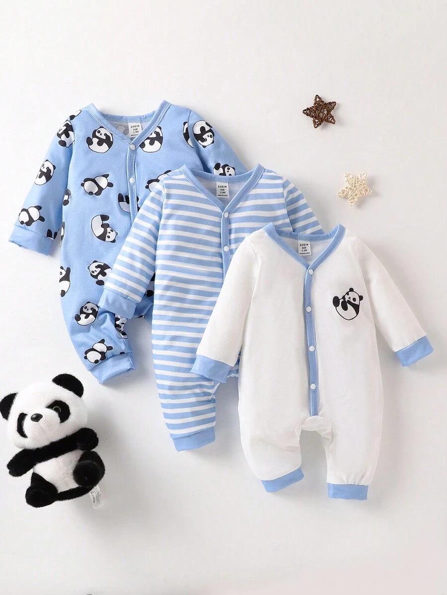 SHEIN 3pcs Baby Boy Cute Cartoon Panda Striped Print Jumpsuit Pajamas - Multicolor - View 1
