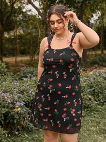 Dreamara 大尺碼透視網紗草莓印花肩帶a字裙,紅色缎带裝飾 - 彩色 - 查看 6