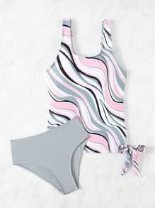 SHEIN Swim 女性彩色拼接背心束帶比基尼上衣,隨機印花 - 彩色 - 查看 3