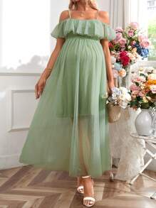 SHEIN Maternity Elegant Romantic Double Layered Ruffle Sleeve Dress, Suitable For Gender Reveal Party - Olive Green - View 5