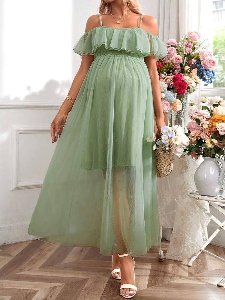 SHEIN Maternity Elegant Romantic Double Layered Ruffle Sleeve Dress, Suitable For Gender Reveal Party - Olive Green - View 5
