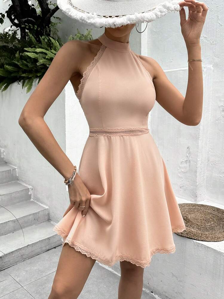 Women's Fashionable Summer Solid Color Open Shoulder Lace Patchwork Dress