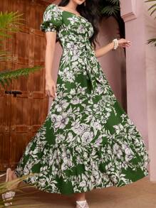 Seusyu 女士短袖泡泡袖設計阿拉伯花卉印花愛心領裙子 - 綠色 - 查看 4