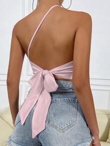 Allurite 女士夏季單色不對稱領口修身短款背心有開放式背部設計 - 粉色 - 查看 2