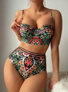 SHEIN Swim 女性熱帶植物印花比基尼套裝,適合度假使用 - 彩色 - 查看 6