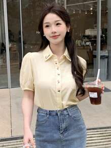 DAZY Women's Spring/Summer Floral Embroidery Bubble Sleeve Shirt - Apricot - View 4