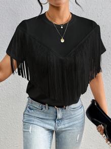 Chiquease Women's Summer Fashion Solid Color T-Shirt With Tassel Design
