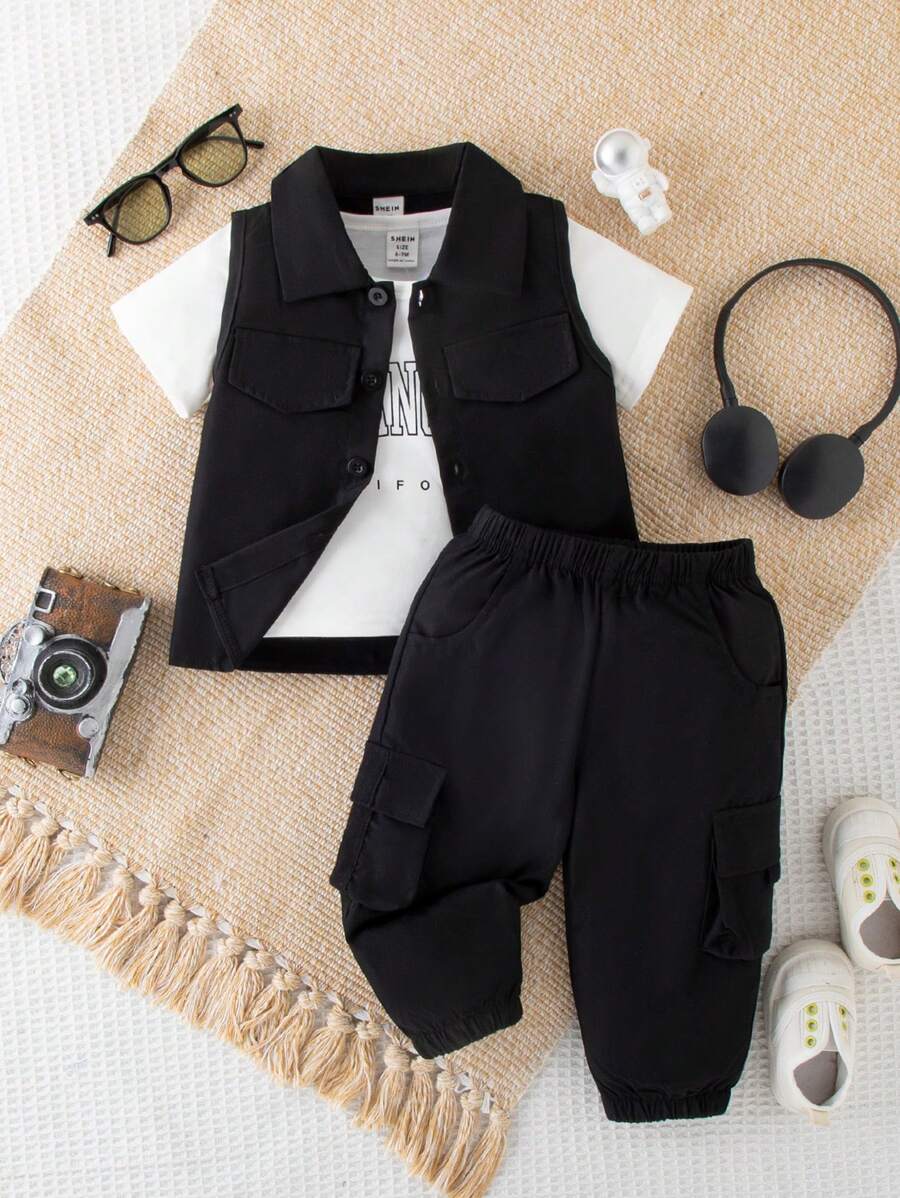 寶寶男孩酷炫運動3入組簡單字母印花短袖t恤、背心和夏季運動褲 - 黑色 - 查看 1