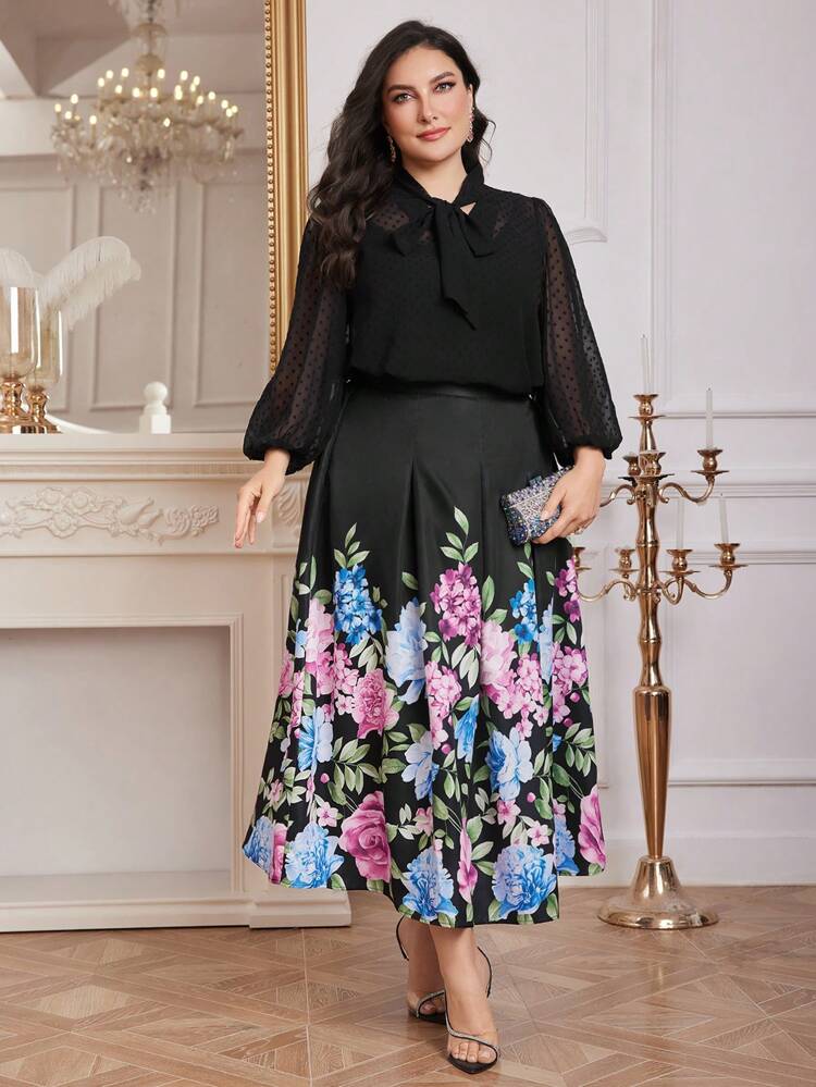 Plus Size Women's Elegant Mesh Lantern Sleeve Tie-Neck Blouse And Floral Printed Skirt For Spring/Summer