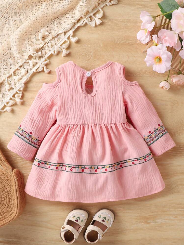 Baby Girl Open Shoulder Long Sleeve Dress With Embroidered Accents