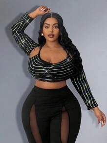Maweii Tamaño Grande Top Corto De Manga Larga Con Lentejuelas De Malla Y Cuello Halter Para Mujeres - Negro - Ver 4
