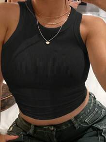 SHEIN Kích thước lớn Màu thuần Gân đan Áo ba lỗ - màu đen - Xem 1