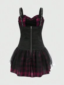 ROMWE PUNK 格紋網紗拼接前繫帶鉚釘吊帶連衣裙 - 彩色 - 查看 2