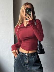 DAZY 女式春夏純色半拉鍊保暖衫,修身長袖t恤 - 紅色 - 查看 2