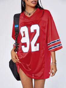 SHEIN EZwear 有數字的網眼拼接運動球衣連衣裙 - 紅色 - 查看 1