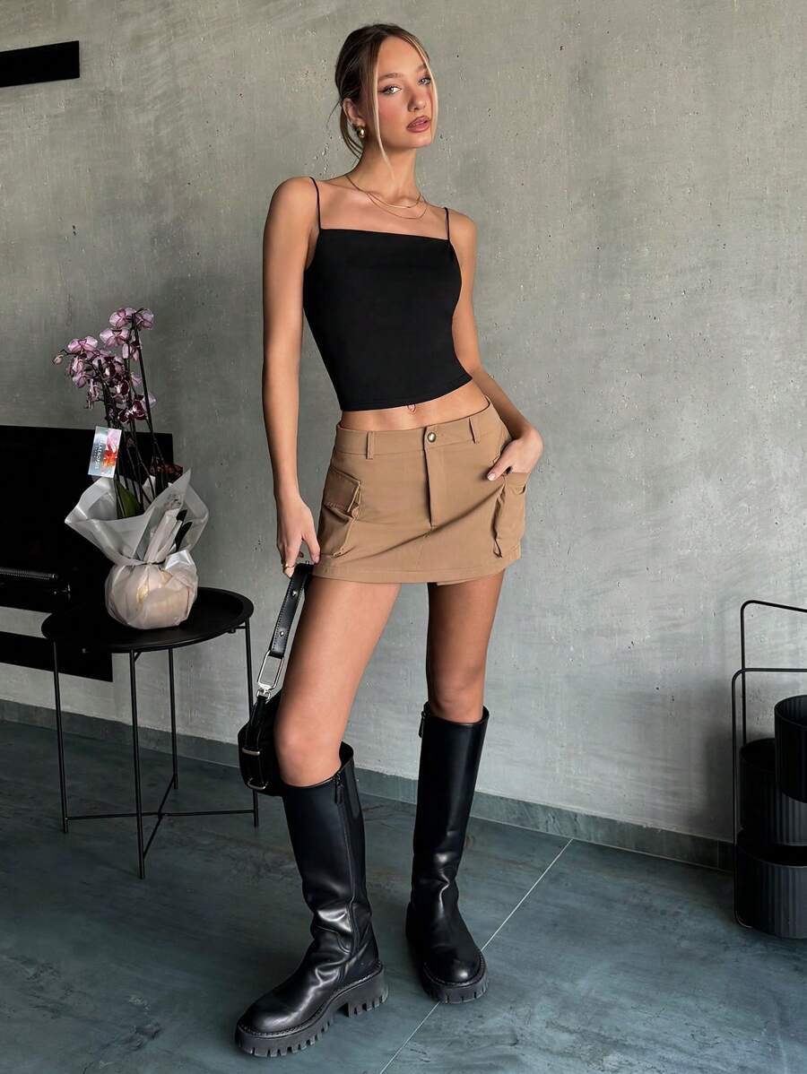 SHEIN EZwear Women's Solid Color Flip Pocket Casual Skorts For Summer - Apricot - View 1