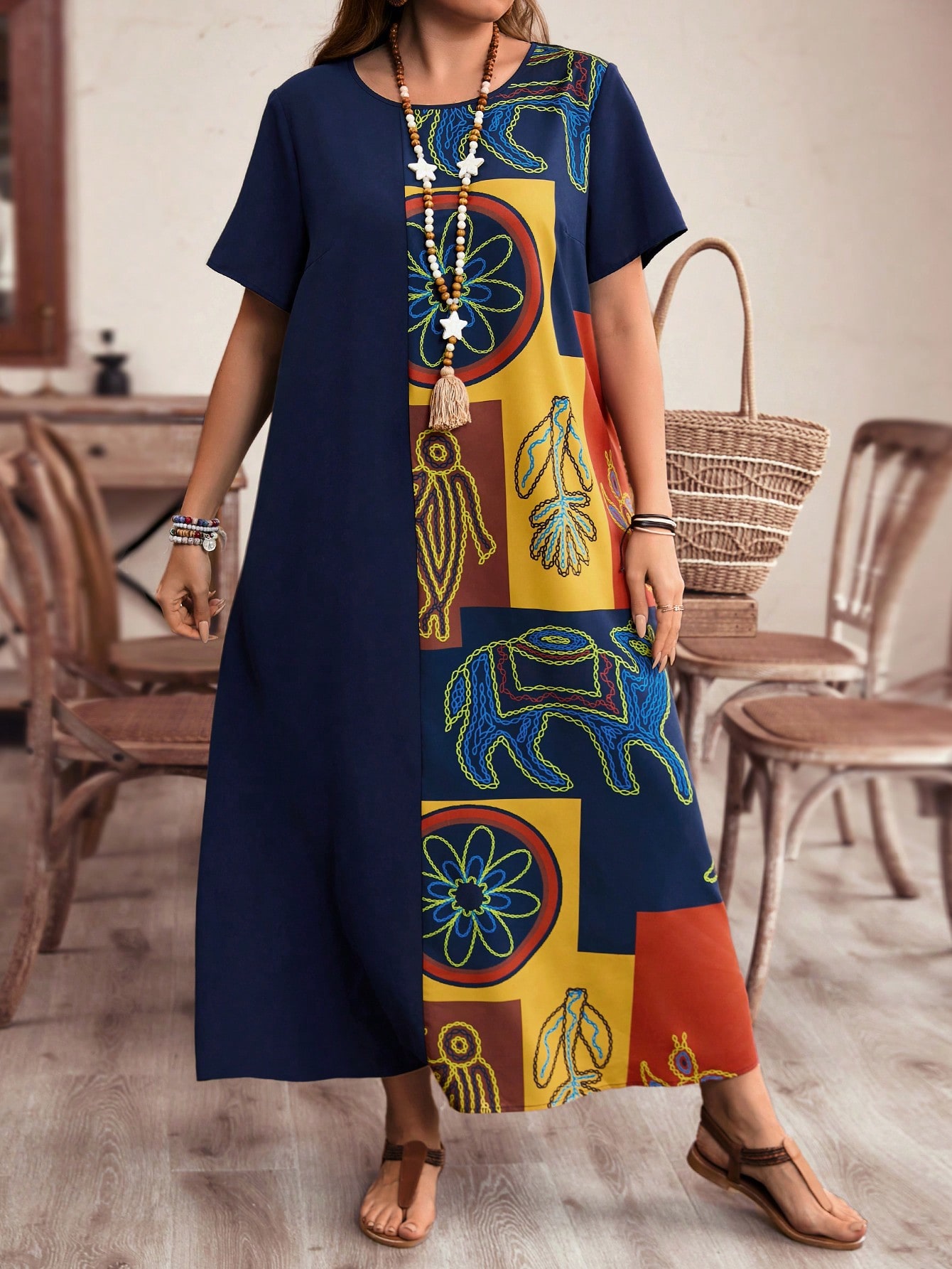 Rusticease فستان صيفي طويل بأكمام قصيرة وياقة دائر...