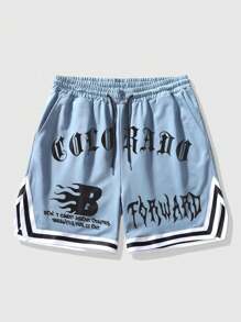 ROMWE MEN Street Life 男士口號印花籃球短褲，適合春夏日常穿著 - 藍色 - 查看 1