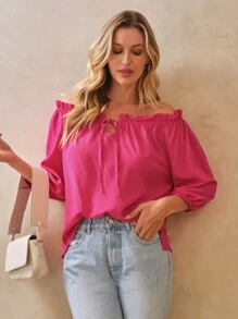 SHEIN Cà vạt Viền Ruffle Áo sơ mi - Màu Hồng Tươi - Xem 1