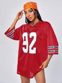 SHEIN EZwear 有數字的網眼拼接運動球衣連衣裙 - 紅色 - 查看 7