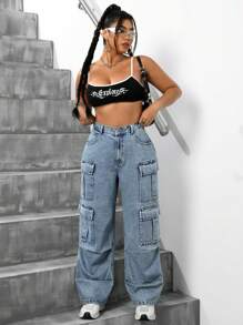 SHEIN ICON 大码女式高腰阔腿男友风牛仔裤，带口袋 - 藍色 - 查看 4