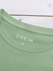 SHEIN LUNE 夏季花卉蝴蝶心形圖案印花休閒圓領t恤 - 橄欖綠 - 查看 6