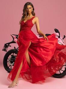 Split Thigh Mesh Prom Dress - Red - View 5