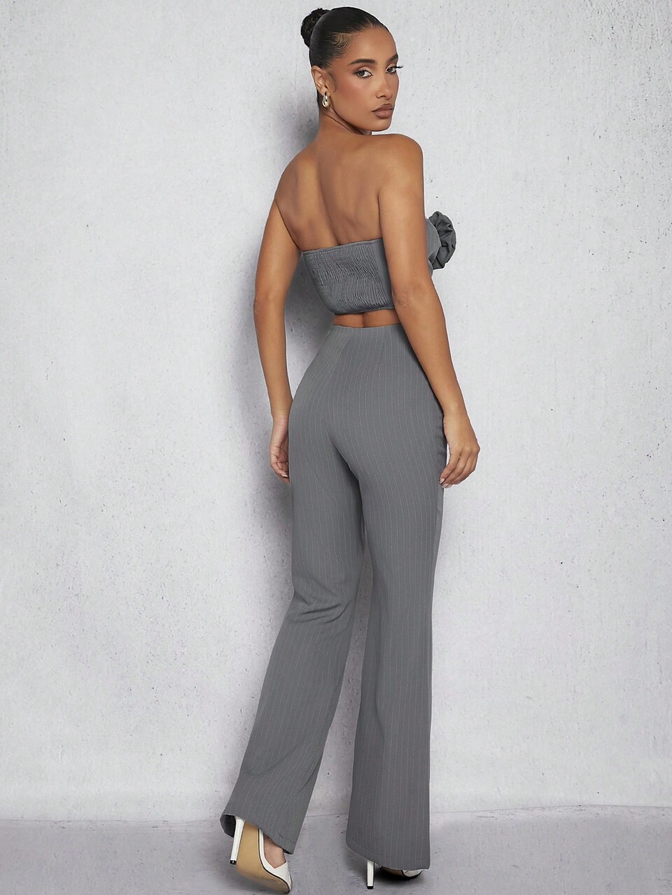 3D Rose Top & Pants Pinstripe Two Pieces Set