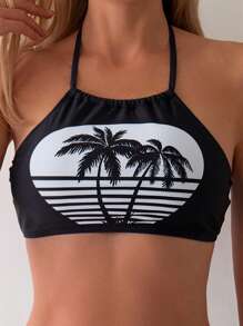 SHEIN Swim Của phụ nữ Mùa hè Cây dừa In Dây Bộ Bikini - màu đen - Xem 3