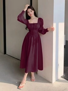 DAZY Vestido de mujer de unicolor con cuello cuadrado, manga de loto y ajuste en la cintura - Burdeos - Ver 2