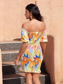 GENKIRA Ladies' Holiday Style Off Shoulder Printed Dress With Random Pattern - Multicolor - View 2