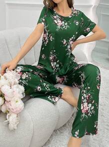女士花卉印花睡衣套裝,時尚短袖上衣搭配長褲 - 綠色 - 查看 6