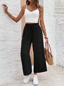 SHEIN Frenchy Lace Schiffy Splice Cami Top And Drawstring Waist Wide Leg Pants Set Summer Black - Black - View 4