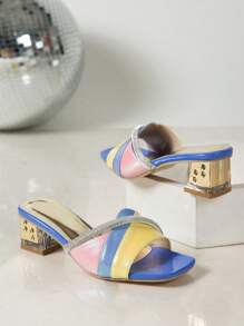 Giày cao gót thời trang dành cho nữ có đế trong bằng kim loại màu vàng và gót kim loại đính pha lê, quai phối màu và đế trong bằng vải macaron, hoàn hảo cho các bữa tiệc - Màu xanh lam - Xem 2