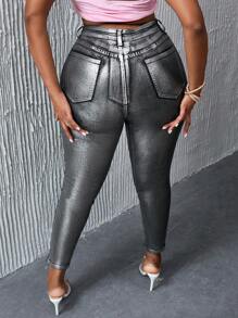 SHEIN SXY Y2k風格金屬情人節派對性感高腰修身銀色彈力中大碼女士牛仔褲 - 彩色 - 查看 3