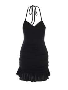 1pc Fashionable Casual Women's Pleated Halter Neck Belted Dress - Black - View 2
