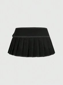 ROMWE PUNK Top-Stitching Buckle Detail Pleated Skirt, School - Black - View 2