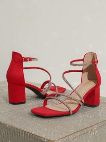方头粗高跟水钻装饰女士凉鞋，优雅迷人，适合派对和宴会 - 紅色 - 查看 5