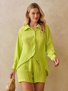 SHE(IN) BRASIL 素色前紐扣襯衫&短褲 - 青檸色 - 查看 4