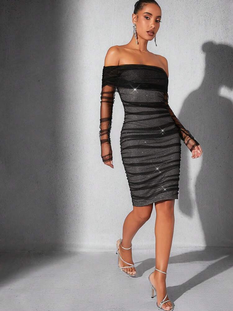 Glitter Off Shoulder Long Sleeves Ruched Dress