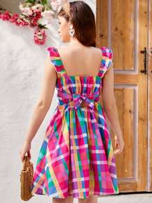 Teen Girl Casual Rainbow Plaid Dress With Countryside Style - Multicolor - View 1