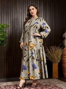 Mulvari Plus Size Spring Casual Flower Printed Lantern Sleeve Dress - Army Green - View 6