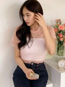 DAZY 女式夏季圆领网眼短袖透明上衣，返校服装 - 粉色 - 查看 11